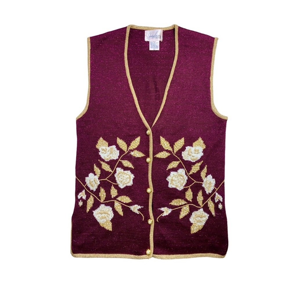 Vintage Metallic Knit Sweater Vest Floral Beaded Plum Purple Gold Trim M/L